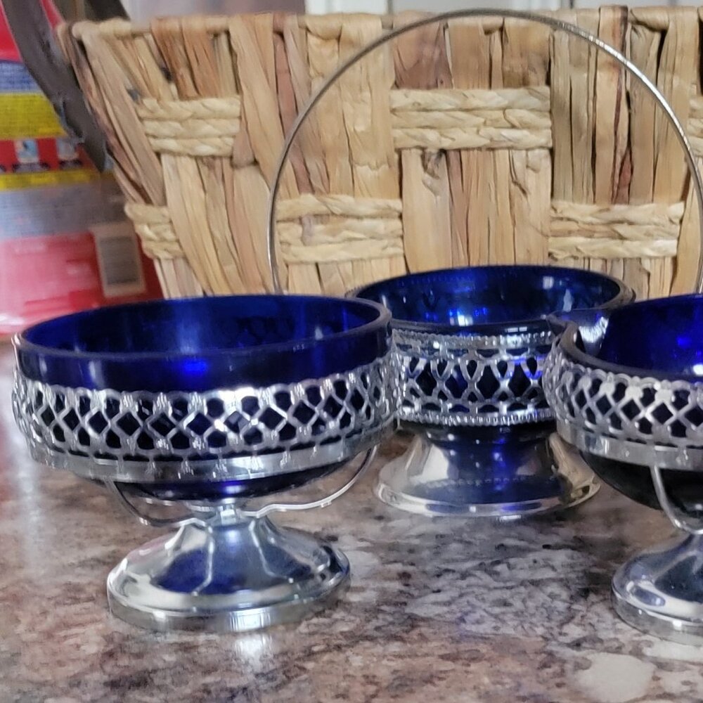 Vintage Cobalt Blue Pedestal Pierced Chrome Jam/Sugar/Creamer Set-1950s
